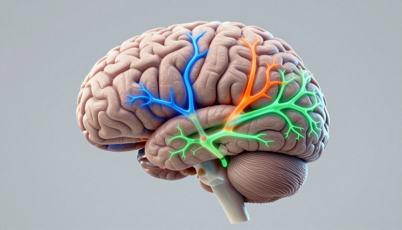 Side-view human brain illustration with blue, green, and orange neural pathways highlighted