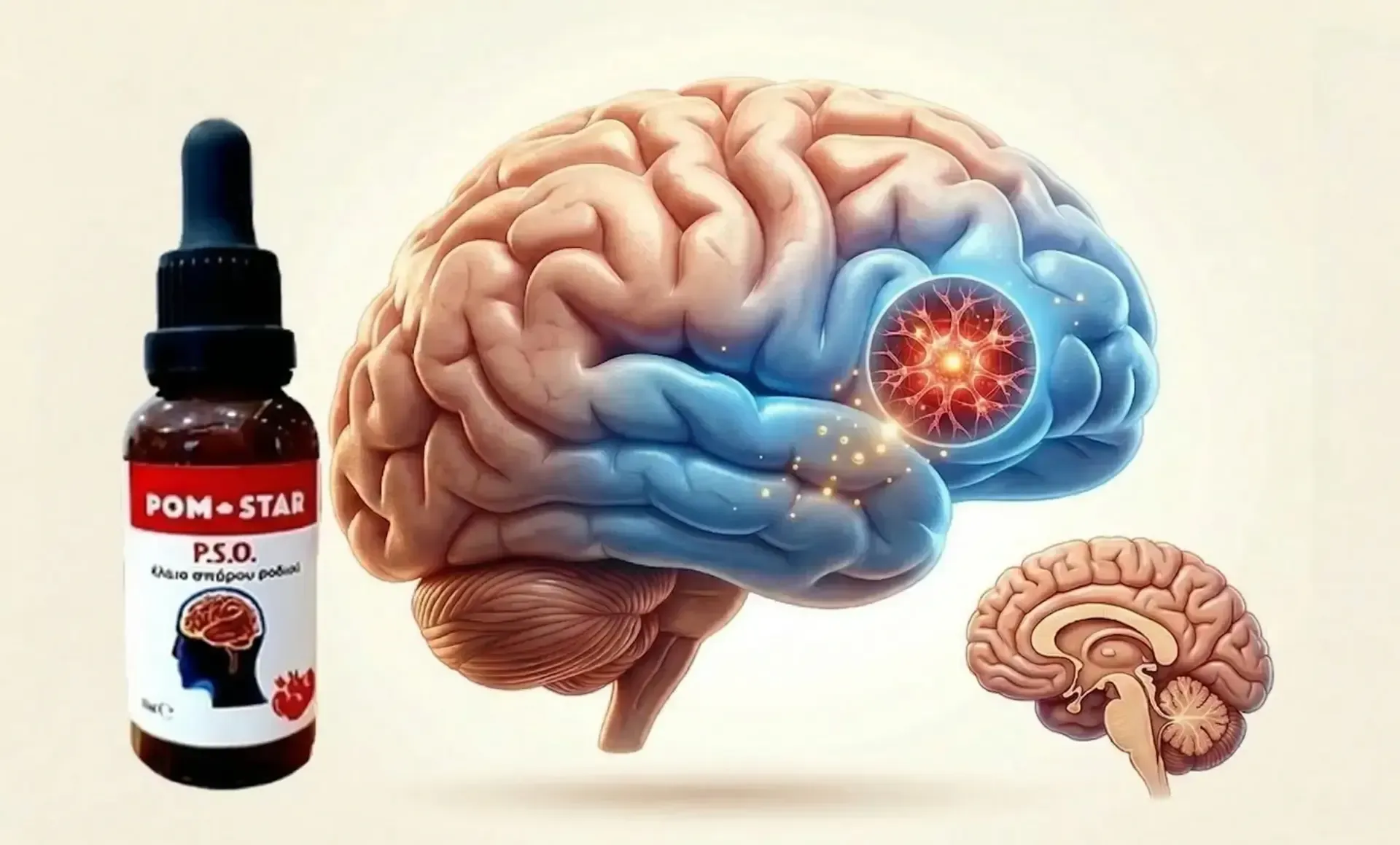 Pom Star pomegranate seed oil bottle for brain health support, displayed next to a colorful illumina
