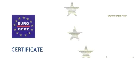 Πιστοποιητικό Eurocert με μπλε λογότυπο, ασημένια αστέρια και κείμενο ιστότοπου σε λευκό φόντο