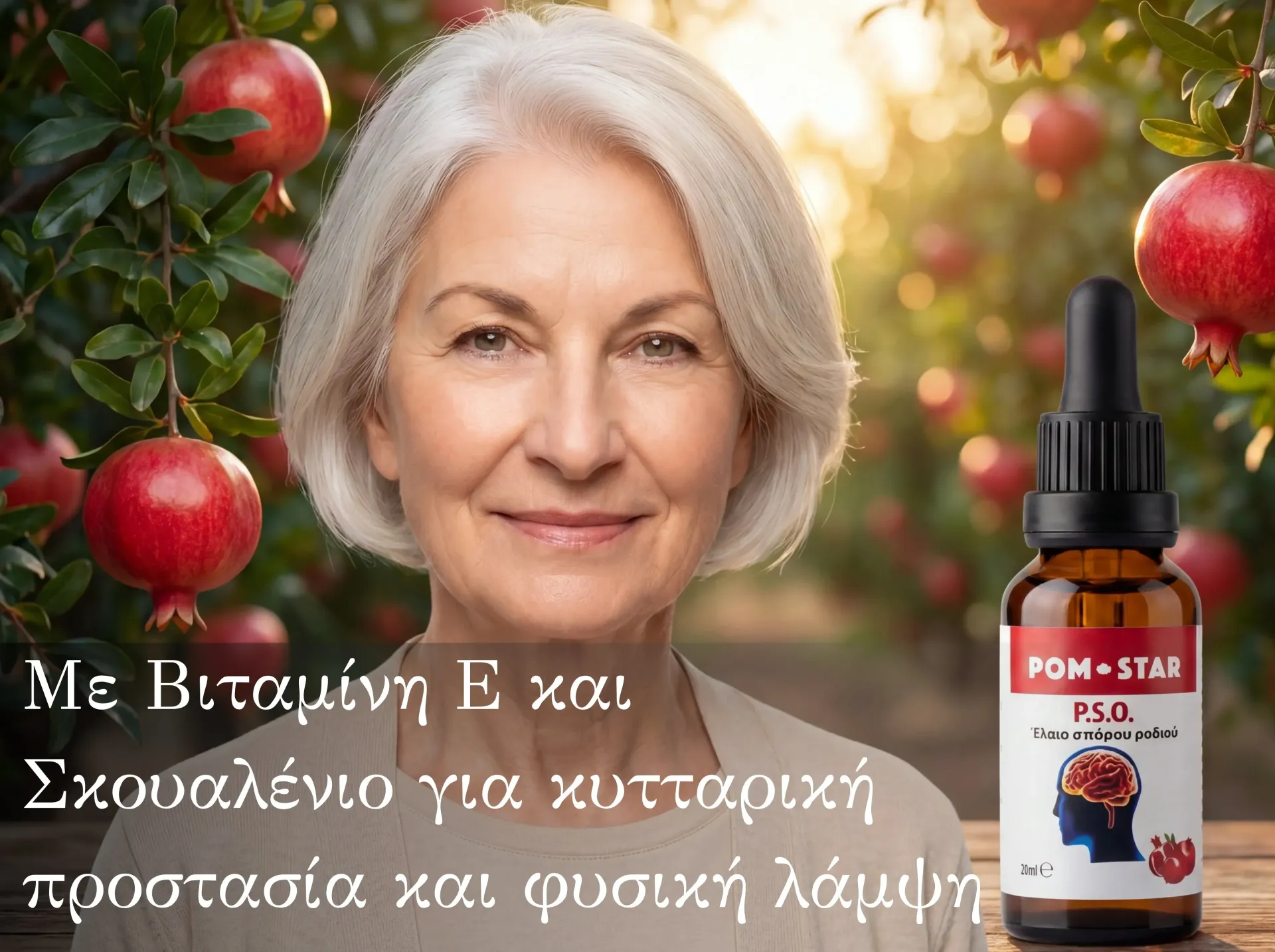 Χαμογελαστή γυναίκα σε έναν οπωρώνα με μήλα δίπλα σε ένα σταγονόμετρο POM-STAR με επικάλυψη ελληνικού κειμένου