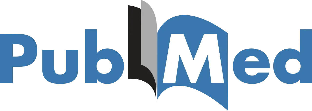 Λογότυπο PubMed σε μπλε χρώμα με μαύρη κάθετη γραμμή και εικονίδιο ανοιχτού βιβλίου στο κέντρο