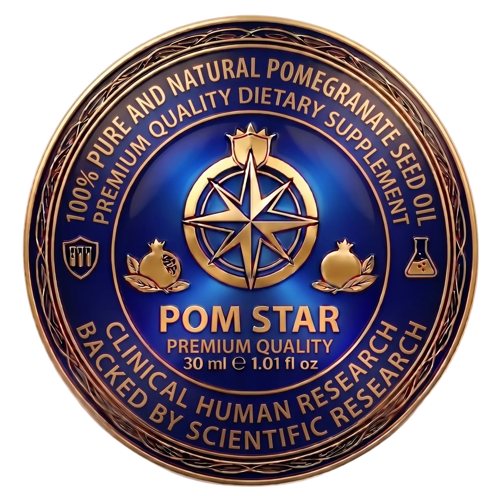 Blue-and-gold Pom Stard pomegranate seed oil premium grade label with compass logo and decorative icons