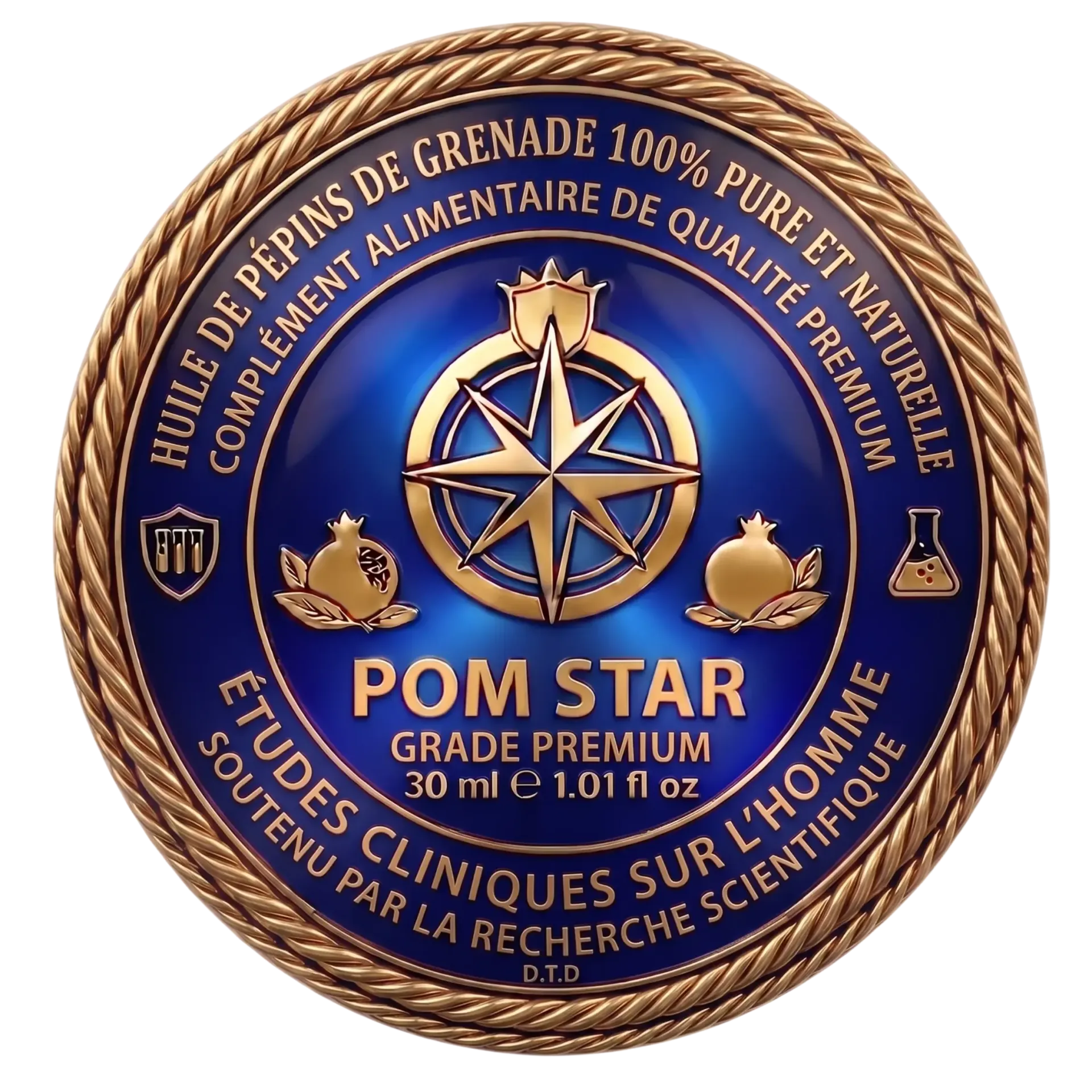 Embleme circulaire bleu et or du Rotary Club avec une roue de compas et le texte ROM STAR