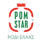 Λογότυπο POM STAR με κόκκινο εικονίδιο ροδιού και πράσινο κείμενο, με την ένδειξη στα ελληνικά «ΡΟΔΙ ΕΛΛΑΣ»