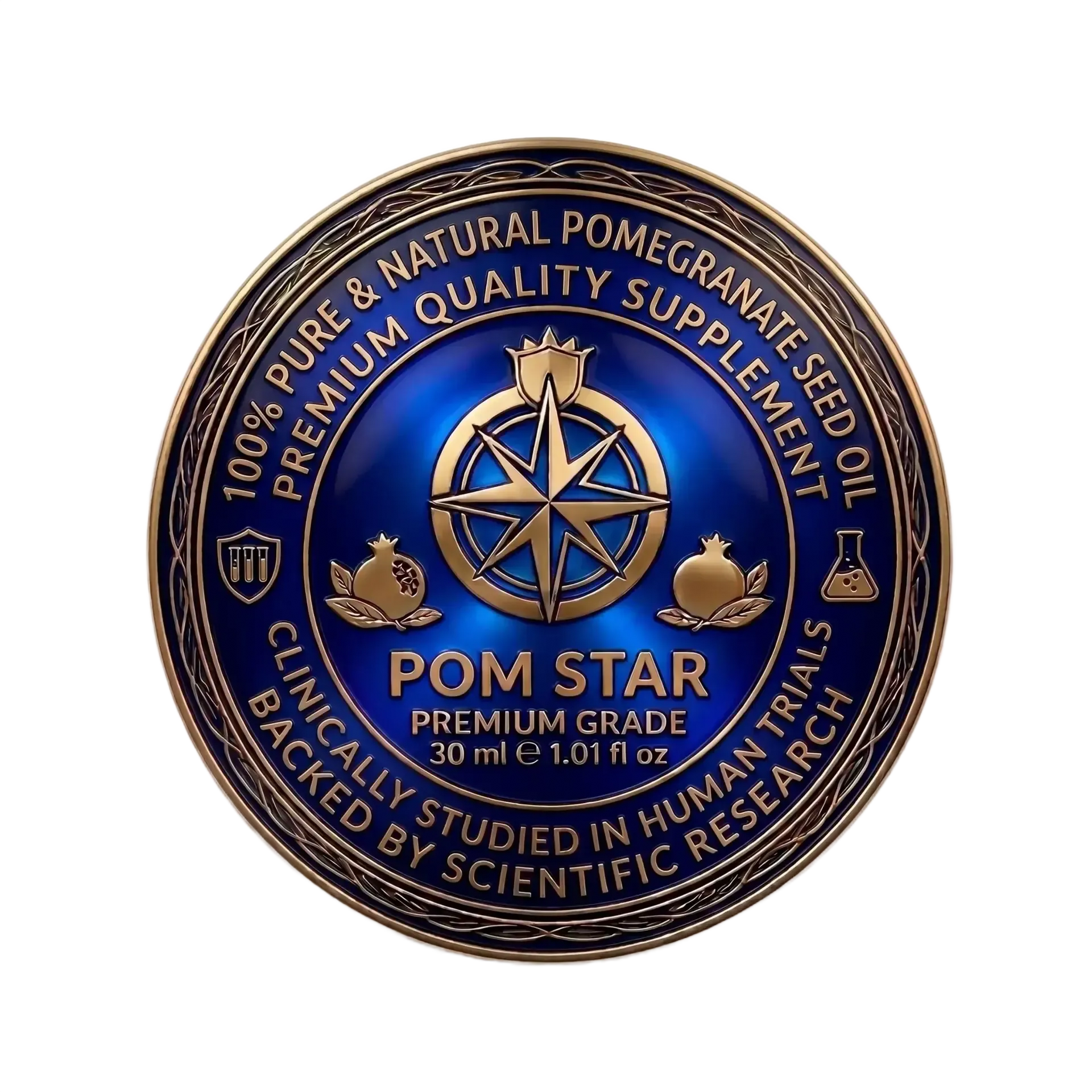 Blue-and-gold Pom Stard pomegranate seed oil premium grade label with compass logo and decorative icons