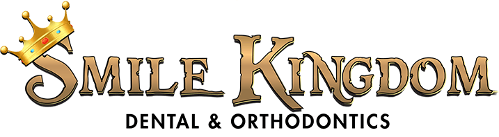 Smile Kingdom Dental & Orthodontics logo with gold crown and brown text on a white background