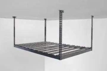 A 4x6 metal shelf is hanging from the ceiling in a garage.