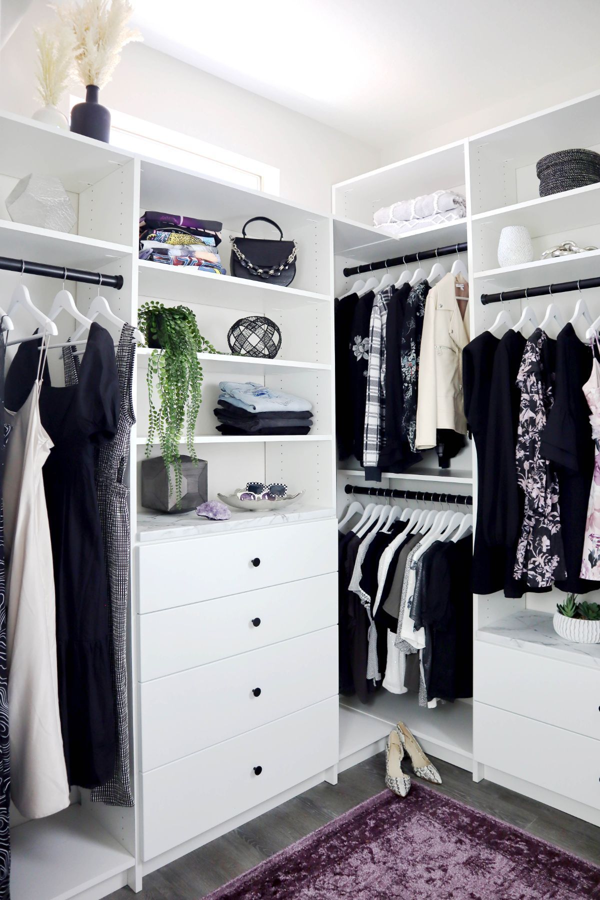 A walk in closet filled with lots of clothes and a purple rug.