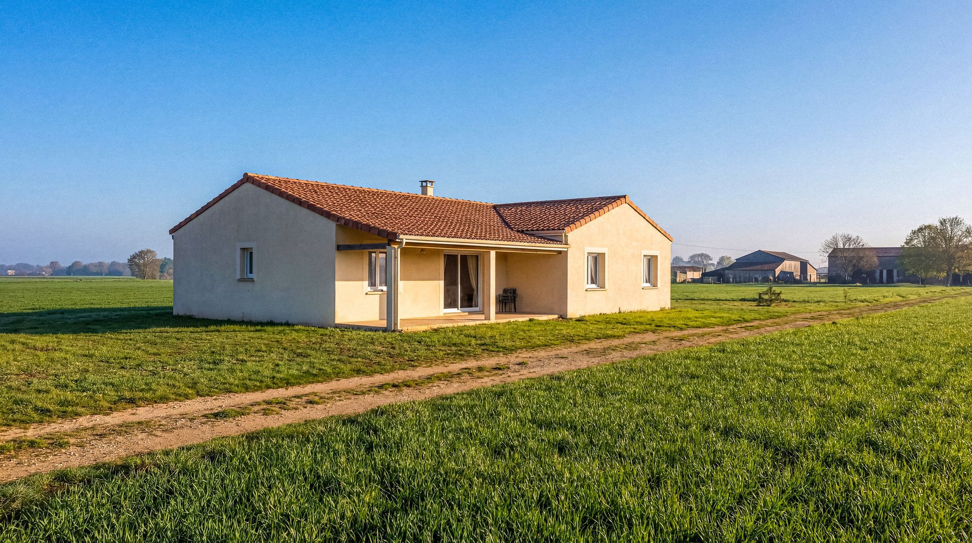 Detached rural residence surrounded by agricultural fields under a clear blue sky.