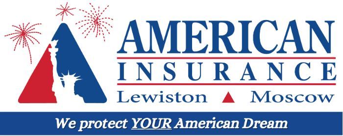 American Insurance logo with red and blue stylized trees, Lewiston and Moscow, tagline: “We protect YOUR American Dream”