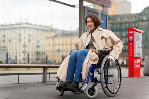 Person in a wheelchair outdoors near a bench and red kiosk, wearing a beige coat and blue jeans.