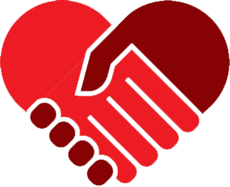 Red handshake forming a heart shape, symbolizing partnership and care.