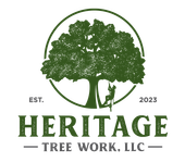 A logo for Heritage Tree Work LLC with a tree in the center