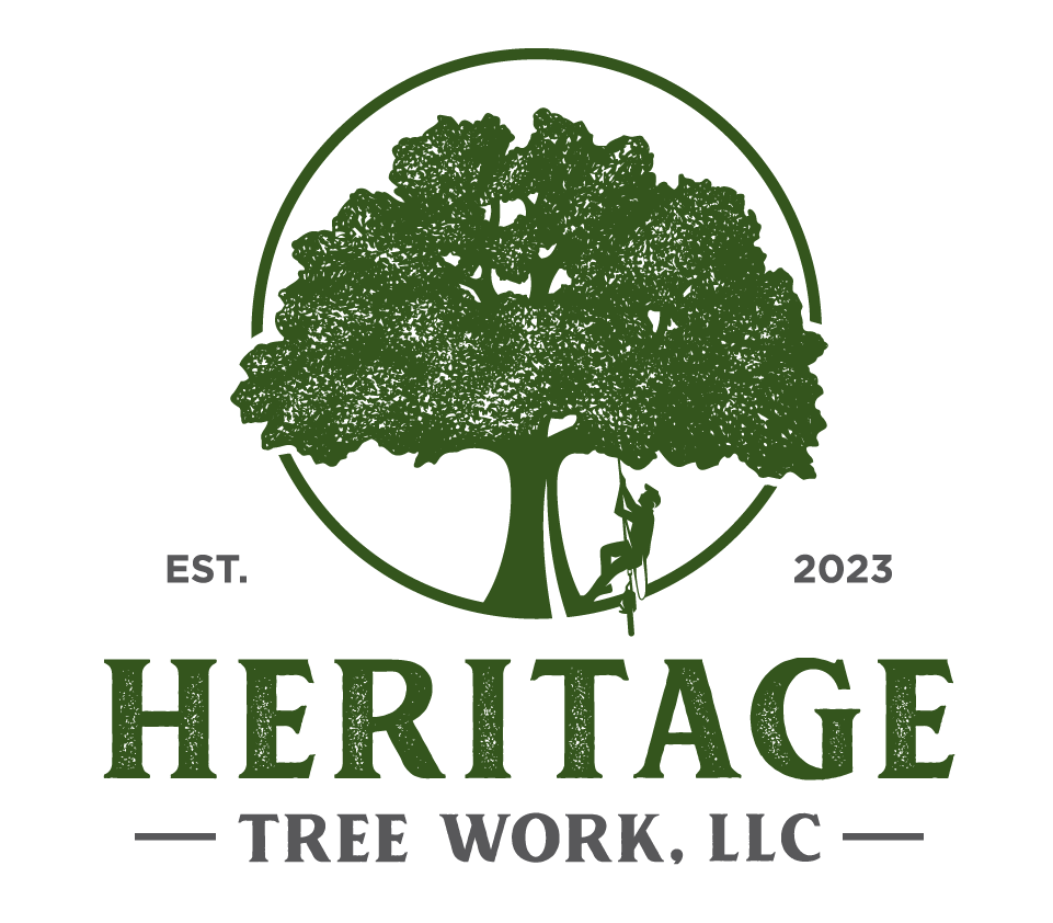 A logo for Heritage Tree Work LLC with a tree in the center