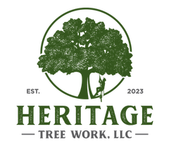 A logo for Heritage Tree Work LLC with a tree in the center