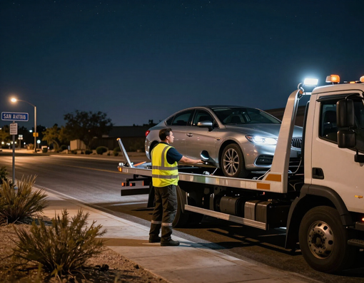 Tow operator loading a sedan onto a rollback truck
