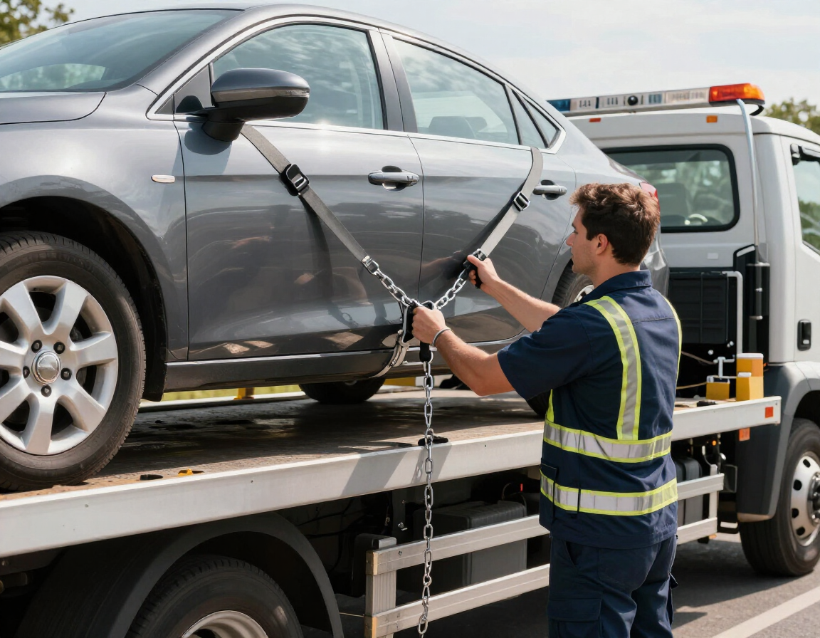 Operator securing a vehicle for transport