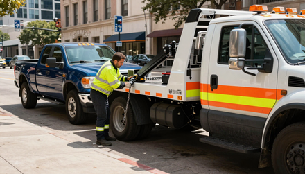 Tow truck securing a pickup truck for transport