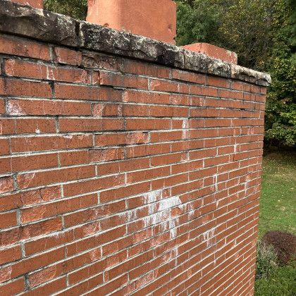 Red brick wall with white stains, topped by weathered stone, beside a grassy yard and trees.