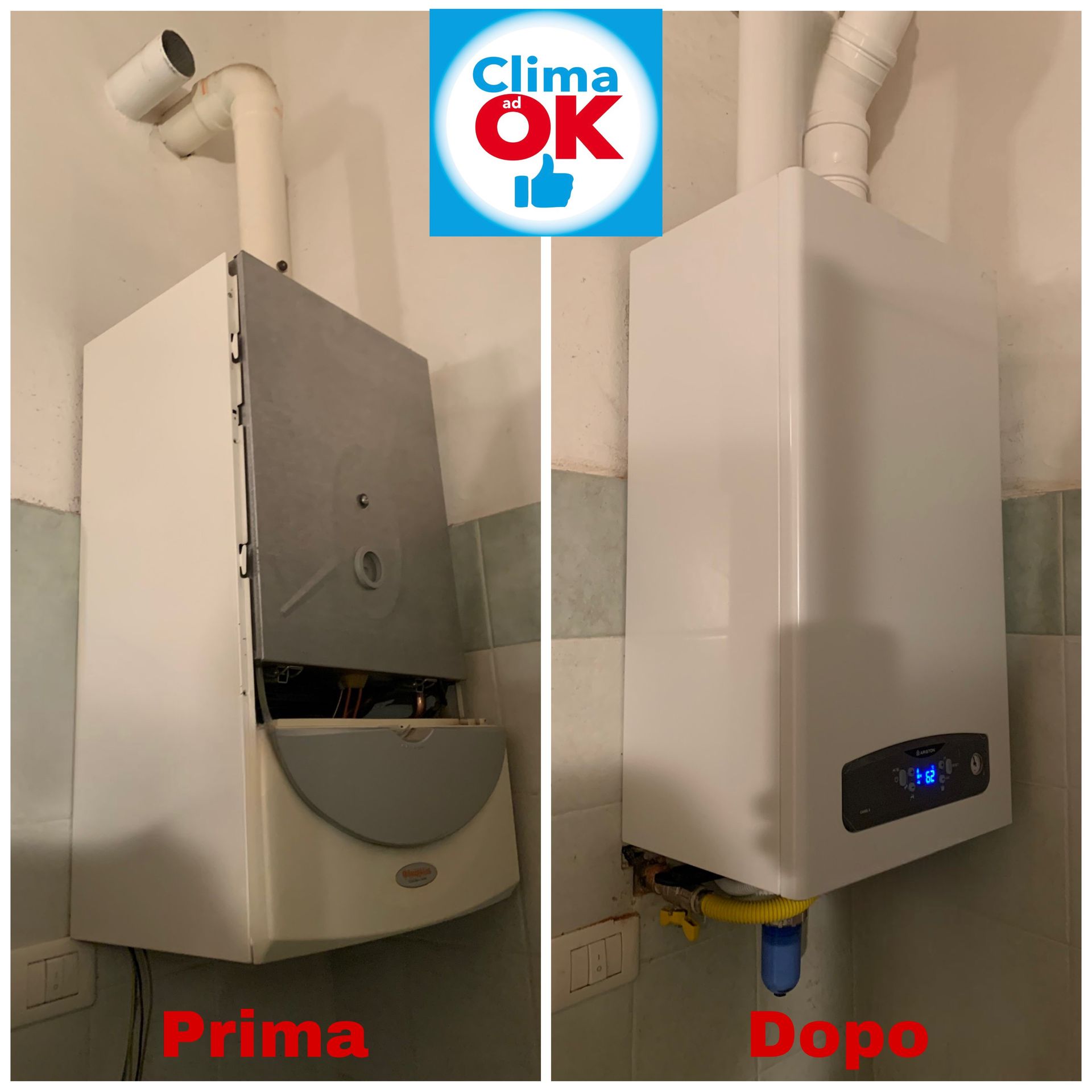 Una foto di una caldaia prima e dopo l'installazione da parte di clima ok