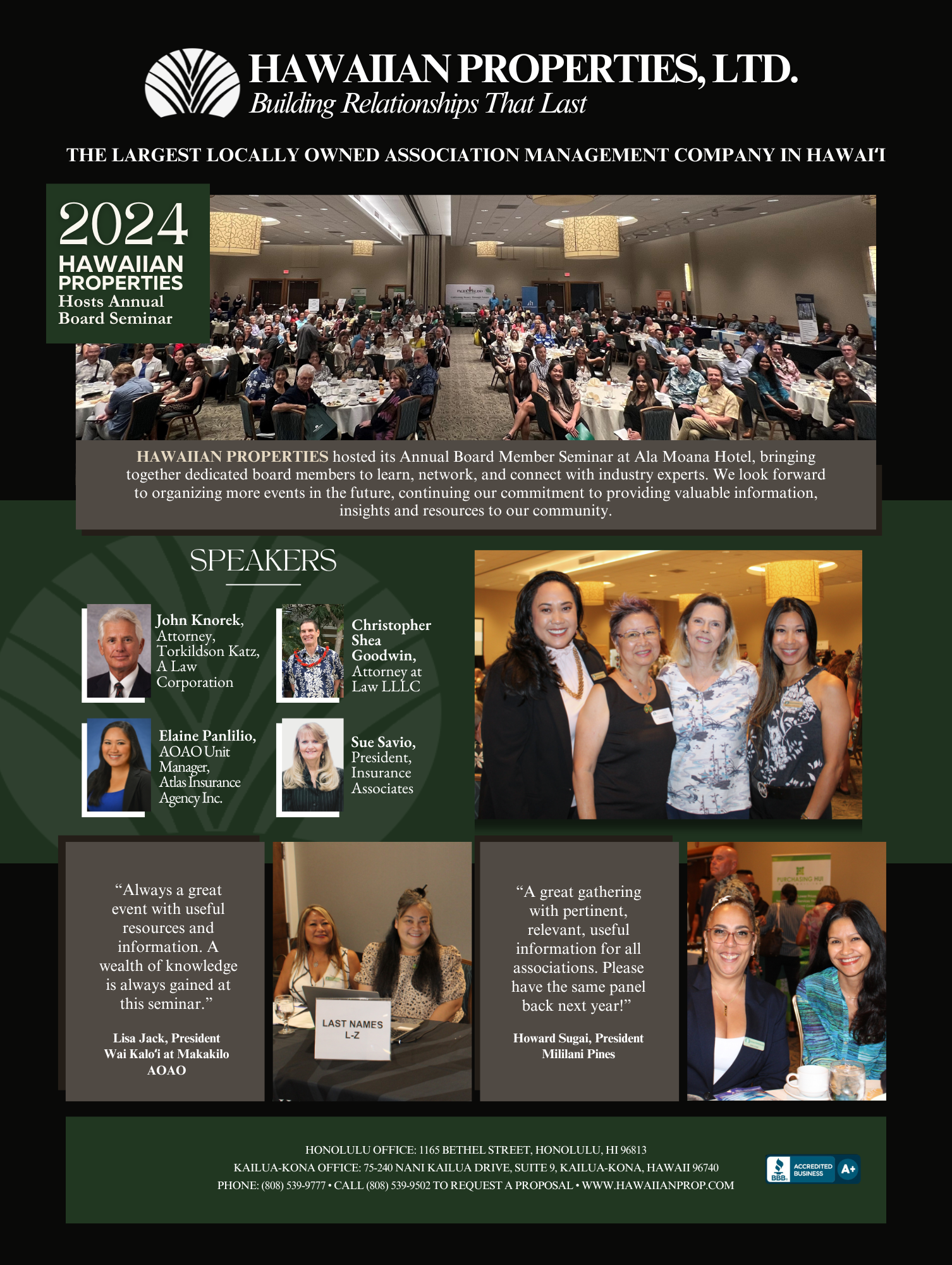 Hawaiian Properties 2024 annual event. Photos of attendees, speakers, and award winners at a large event hall.