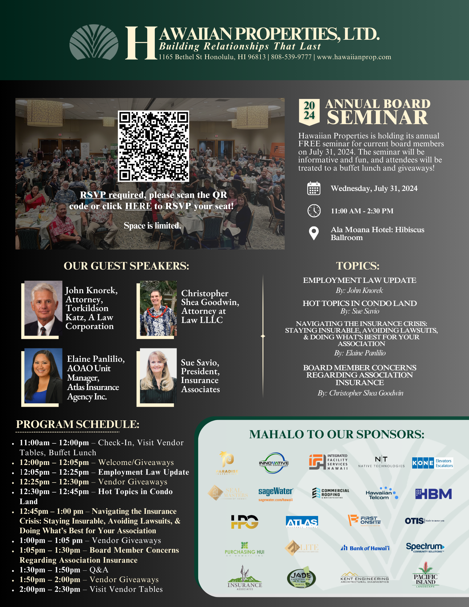 Hawaiian Properties seminar flyer with speakers, schedule, and sponsors.