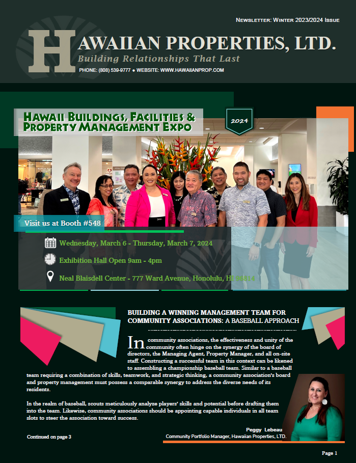 Hawaiian Properties newsletter promoting the Hawaii Building & Property Management Expo. Group photo and text.