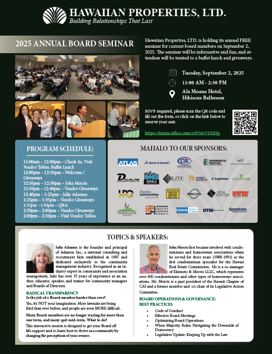 2015 Annual Board Seminar flyer for Hawaiian Properties, with speaker photos, schedule, sponsors, and topics.