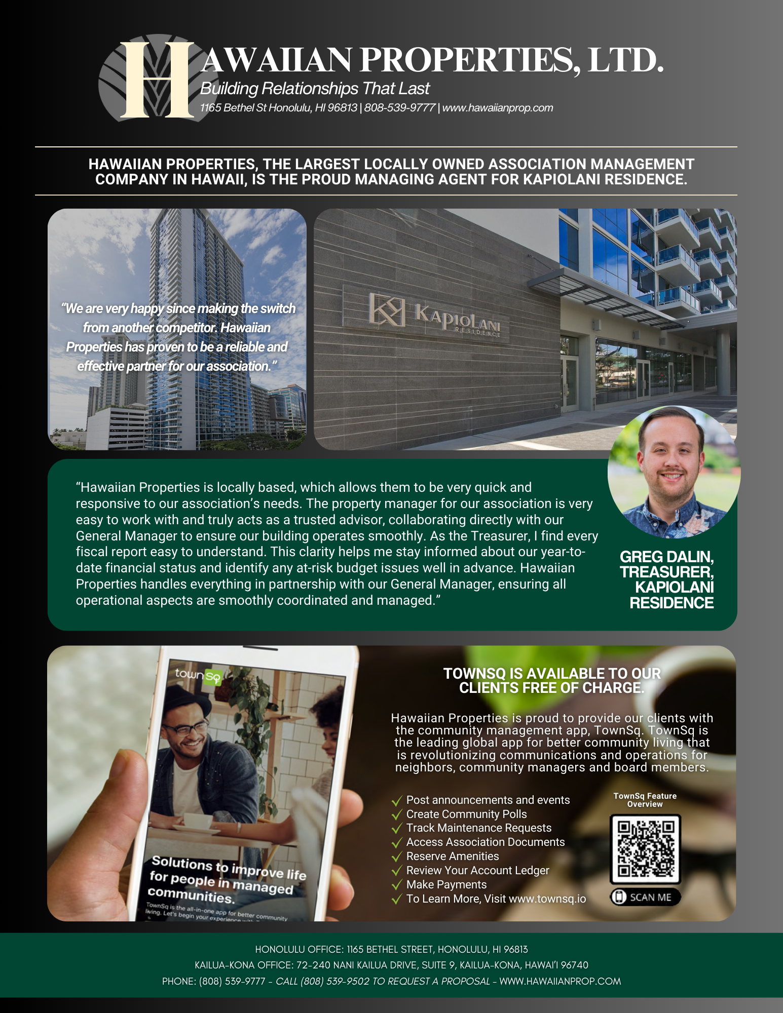 Hawaiian Properties ad: building, man smiling, phone app, coffee.