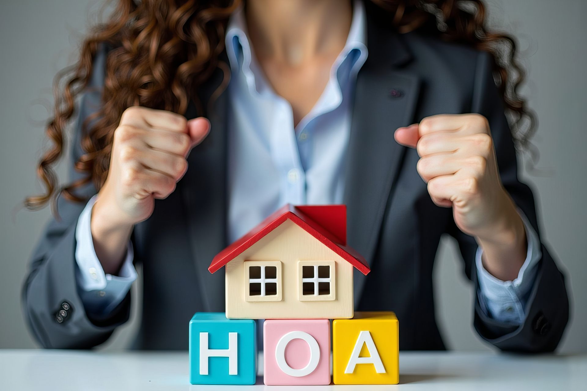 Businesswoman in power pose with miniature HOA house model on colorful blocks.