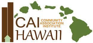 Logo for Community Association Institute, Hawaii, with brown pillars, a green house, and green Hawaiian islands.
