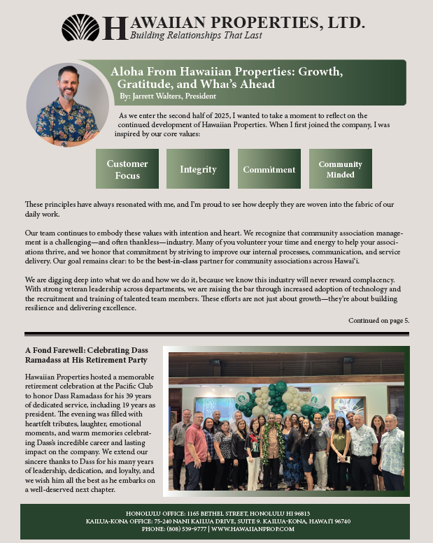 Hawaiian Properties newsletter with headshot, text, and group photo.
---