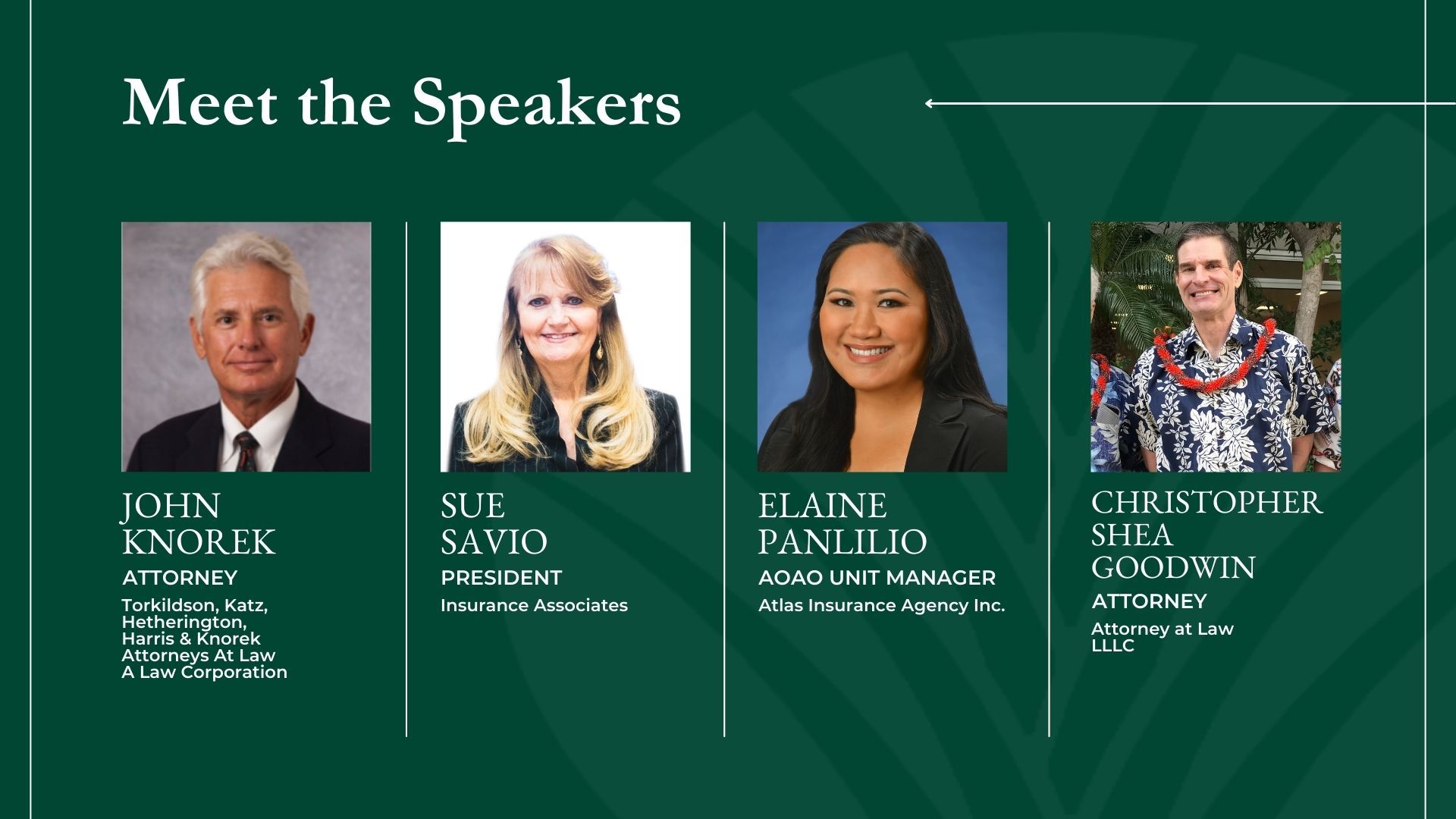 Meet the Speakers: Headshots of four individuals with their names, titles, and affiliations on a green background.