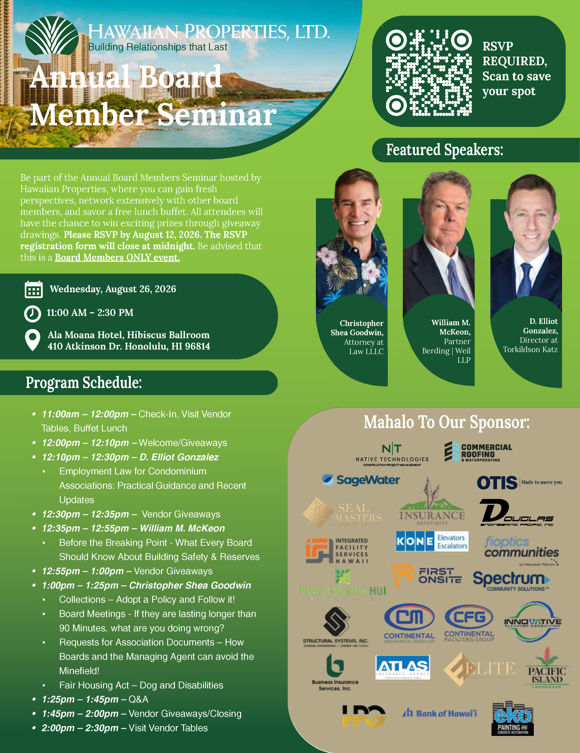 2026 Annual Board Seminar flyer for Hawaiian Properties, with speaker photos, schedule, sponsors, and topics.