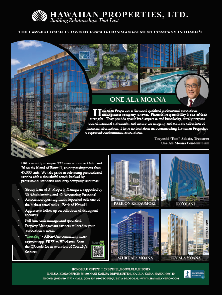 Hawaiian Properties ad showcasing buildings managed, with a portrait of a man, and the words 