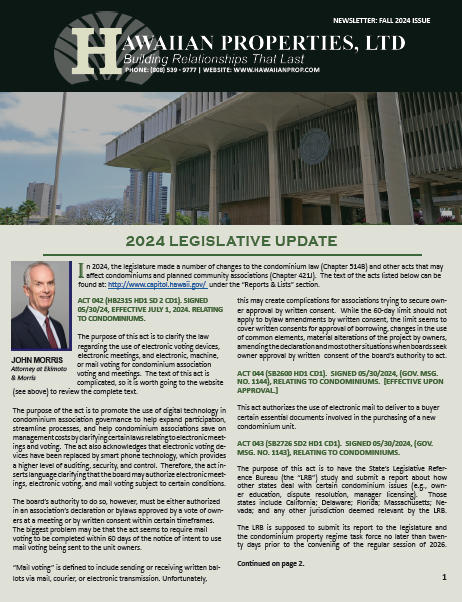 Hawaiian Properties newsletter with headline 