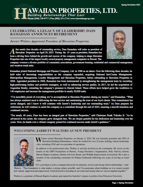 Hawaiian Properties newsletter: retirement announcement, Jarrett Maleers becomes President.
