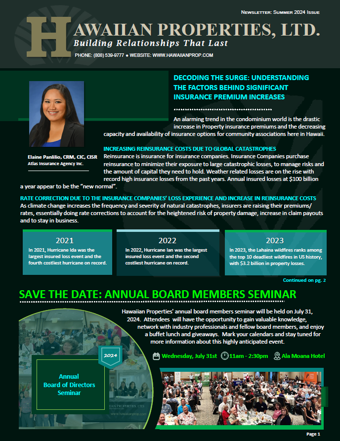 Newsletter for Hawaiian Properties, LTD. with content about insurance, a picture of a woman, and details about a seminar.