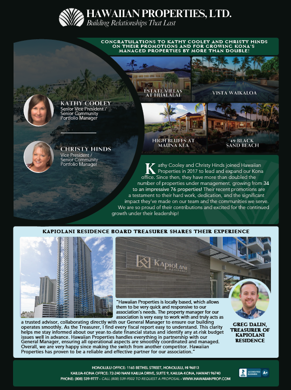 Hawaiian Properties ad: Congratulations to top sales team. Features agents & luxury real estate photos.