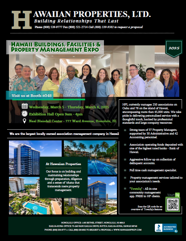 Hawaiian Properties LTD. expo flyer with group photo and building images.