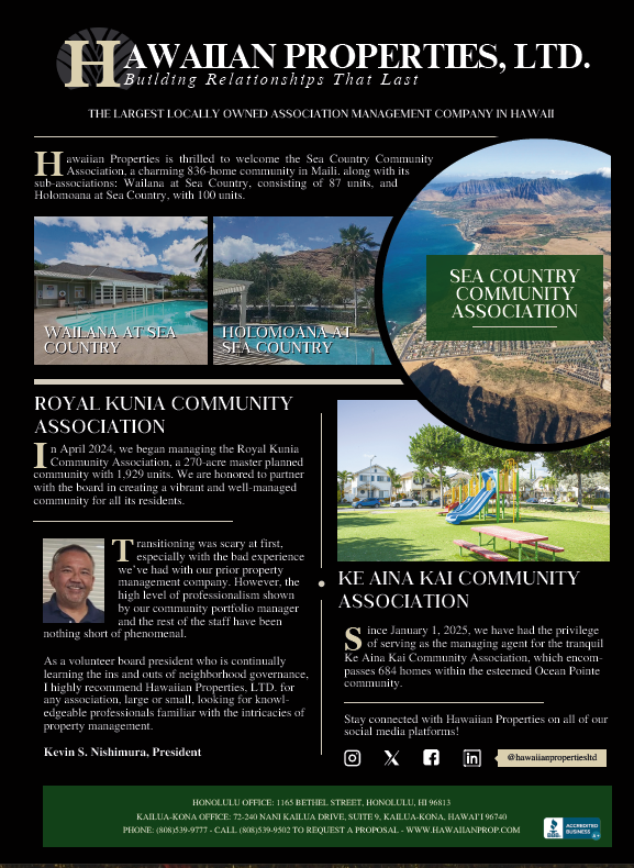 Hawaiian Properties ad for community associations: Royal Kunia, Sea Country, and Keana Kai.