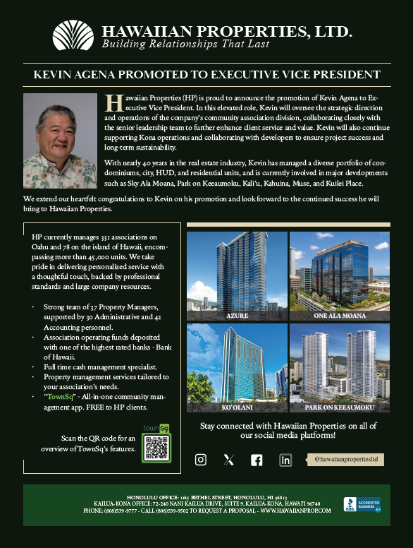 Announcement of Kevin Agena's promotion to Executive VP at Hawaiian Properties, with photos of buildings.