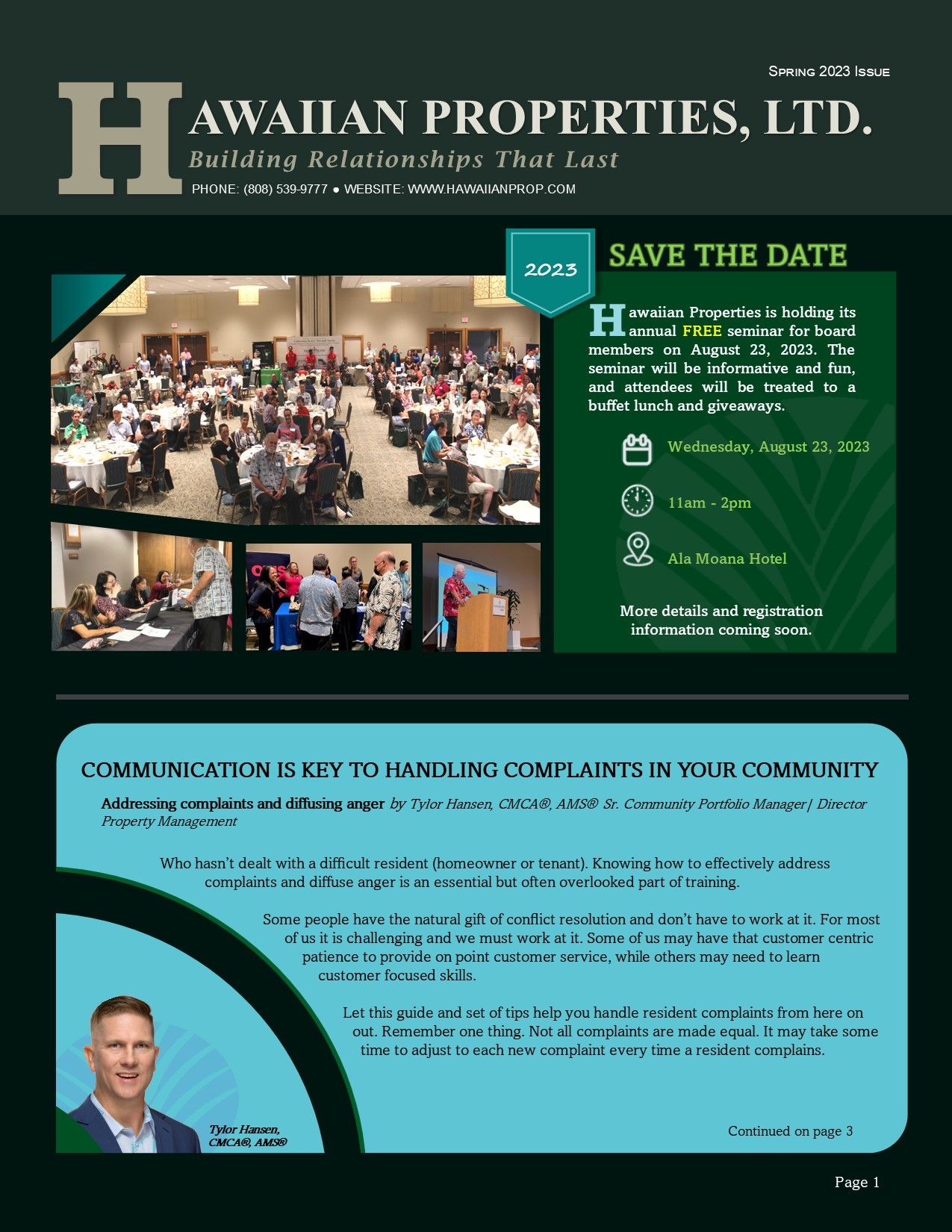 Newsletter from Hawaiian Properties. Features a 