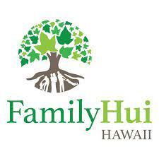 Logo for Family Hui Hawaii: Tree with leaves, roots and text “Family Hui Hawaii” in green.