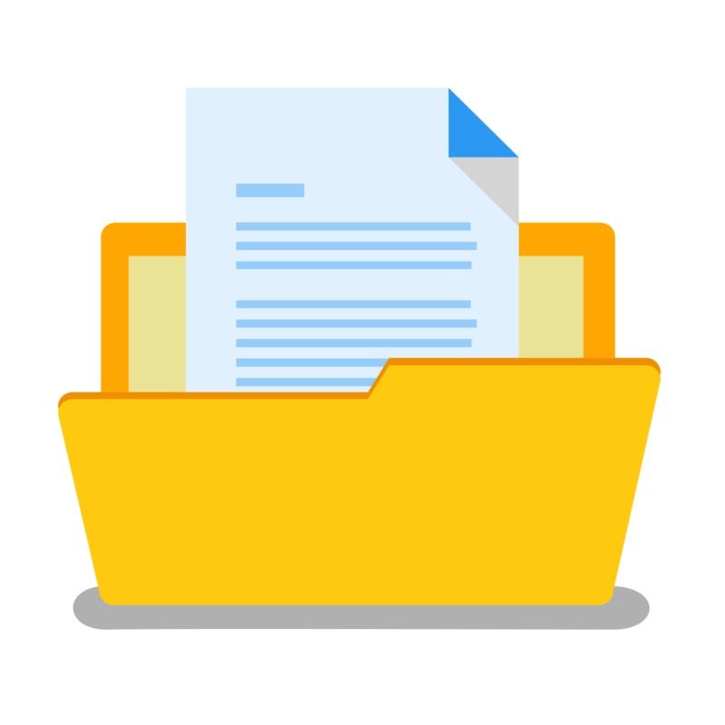 Yellow folder containing a document with blue lines, blue corner on top.