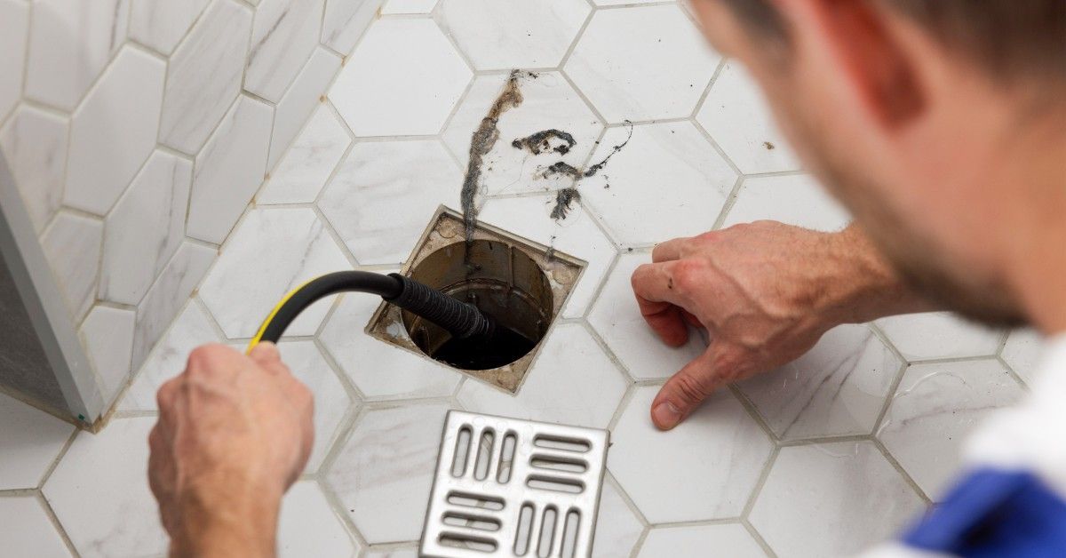A maintenance worker using a hydro jet to clean out the floor drain of a shower. There is black gunk shooting out of the drain.
