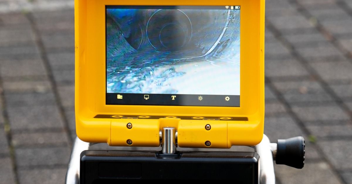 Drain camera equipment sits beside an open pipe while the monitor shows the inside of a sewer drain.