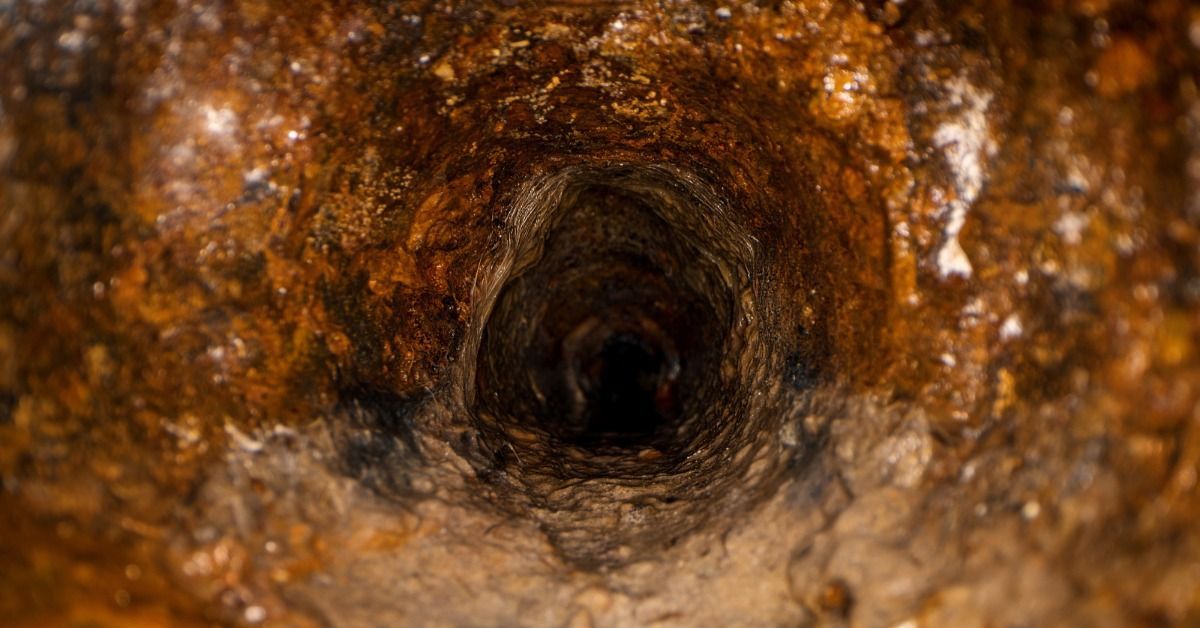 The inside view of a rusty, cast-iron sewer pipe is coated with dirt and corrosion along the length 