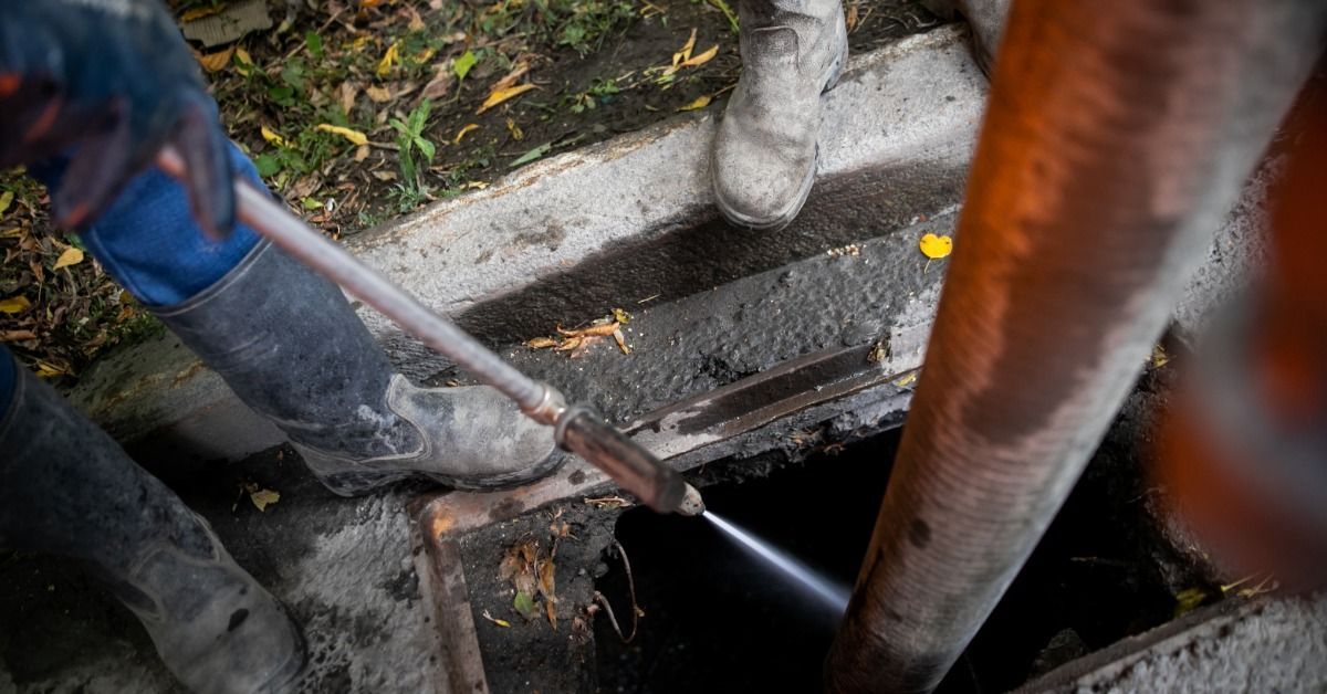 A person wearing gloves and boots cleaning the inside of a storm drain with a water jet nozzle.