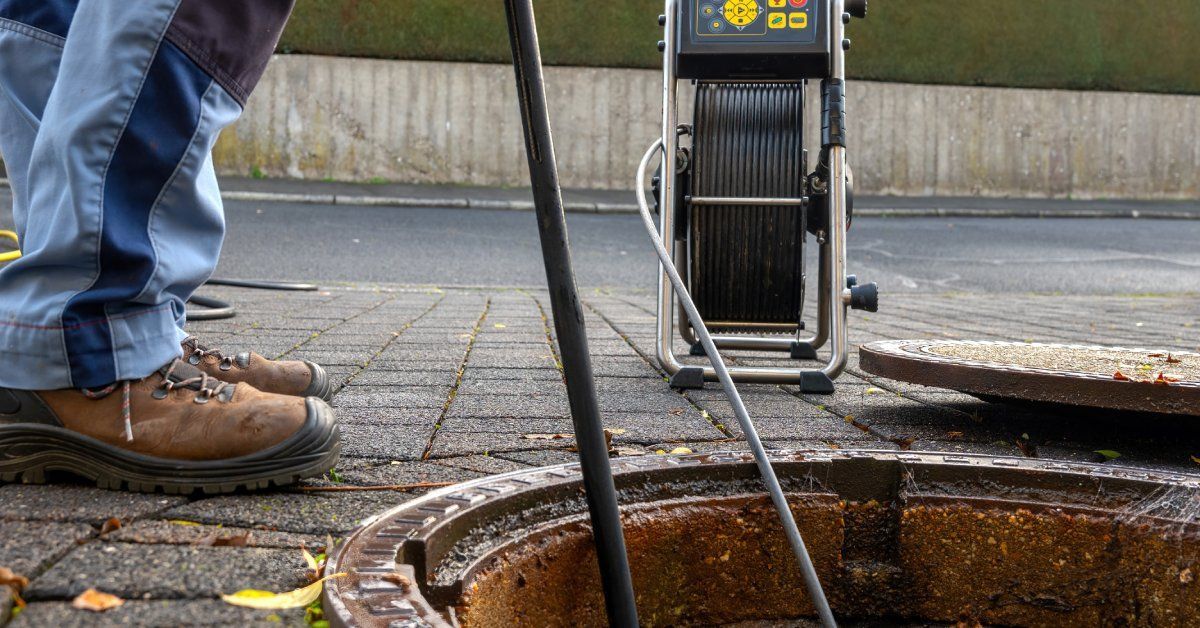 A person stands next to an open sewer line with a drain inspection machine feeding a wire into the hole.